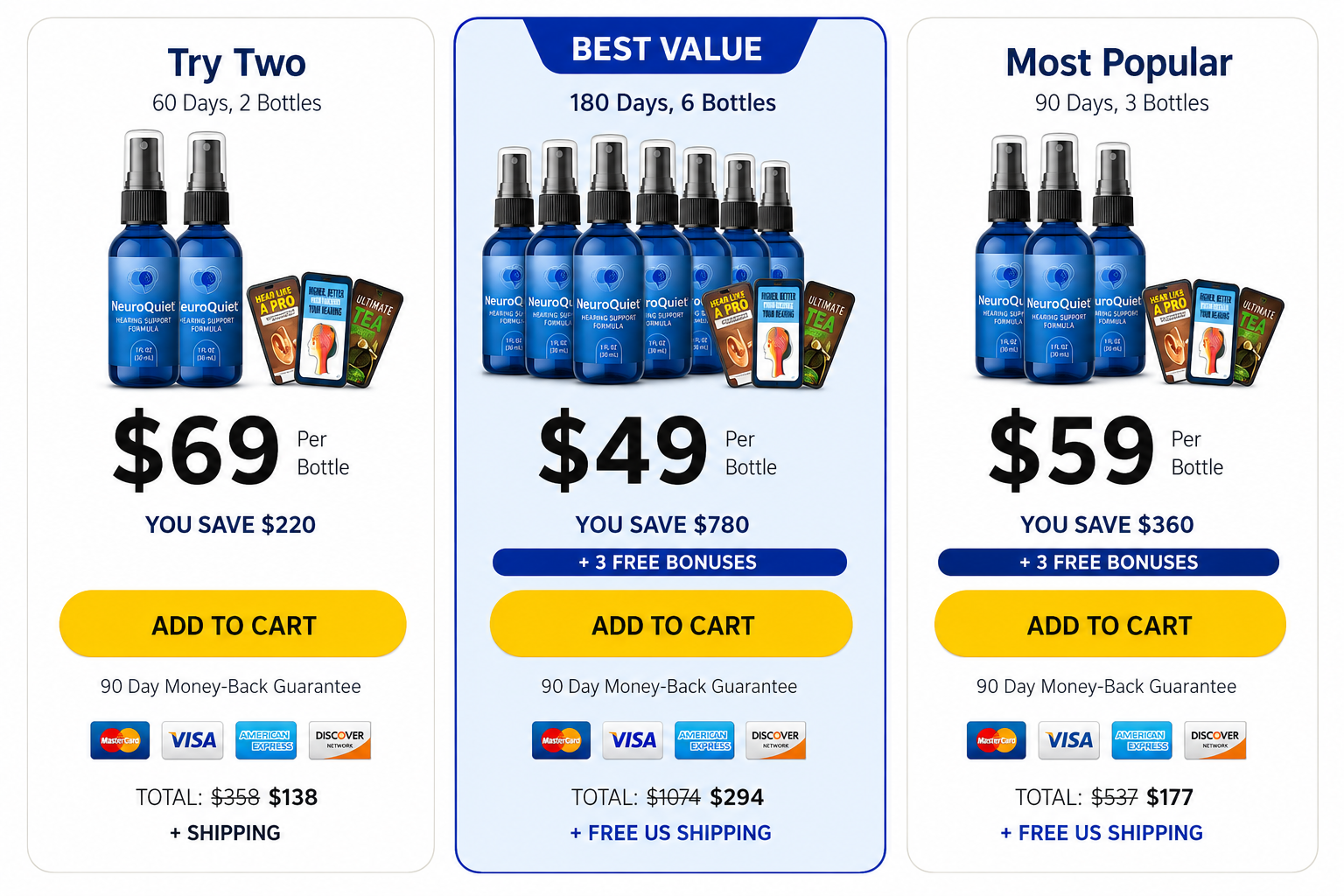 NeuroQuiet pricing packages – 1 bottle, 3 bottle and 6 bottle options with bonuses